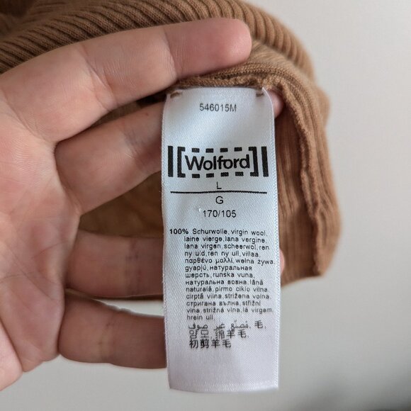 Wolford Virgin Wool mock neck t-shirt in camel, sz L - Picture 2 of 2